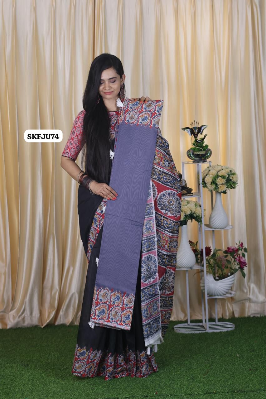 Soft Chanderi cotton With Digital Print & Running Kalamkari Blouse. 
Pallu Stiched With Fumka🥳