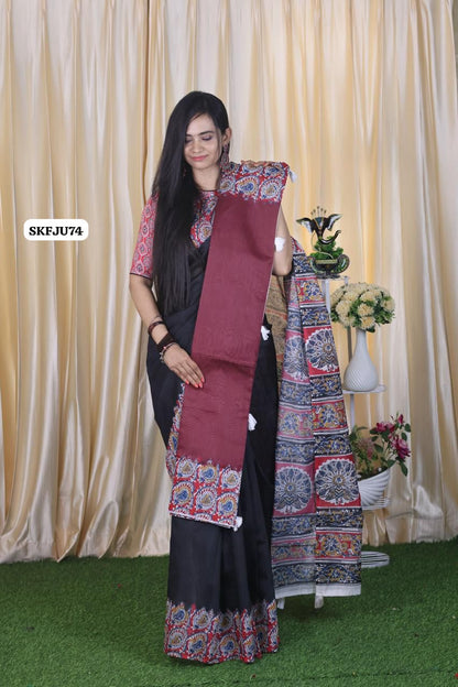 Aadi offer🌹Soft Chanderi cotton With Digital Print & Running Kalamkari Blouse. 
Pallu Stiched With Fumka😍