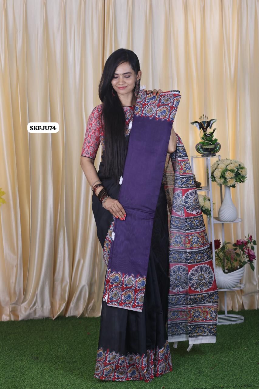 Soft Chanderi cotton With Digital Print & Running Kalamkari Blouse. 
Pallu Stiched With Fumka🥳