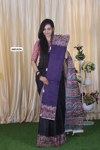 Soft Chanderi cotton With Digital Print & Running Kalamkari Blouse. 
Pallu Stiched With Fumka🥳