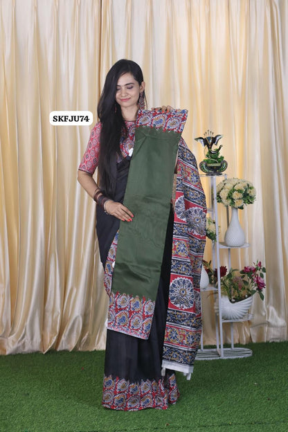 Soft Chanderi cotton With Digital Print & Running Kalamkari Blouse. 
Pallu Stiched With Fumka😍