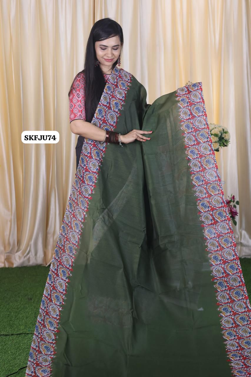 Soft Chanderi cotton With Digital Print & Running Kalamkari Blouse. 
Pallu Stiched With Fumka😍