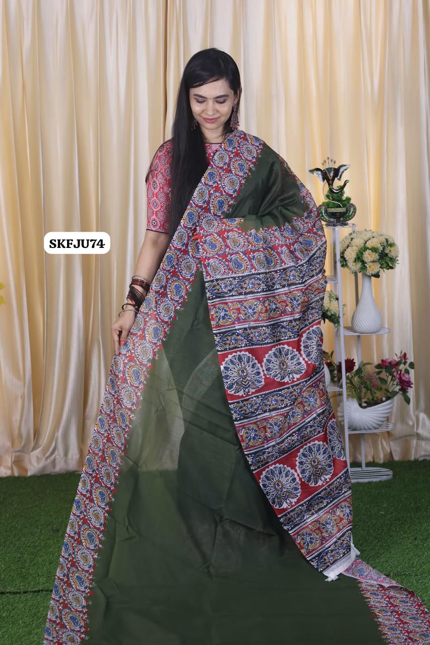 Soft Chanderi cotton With Digital Print & Running Kalamkari Blouse. 
Pallu Stiched With Fumka😍