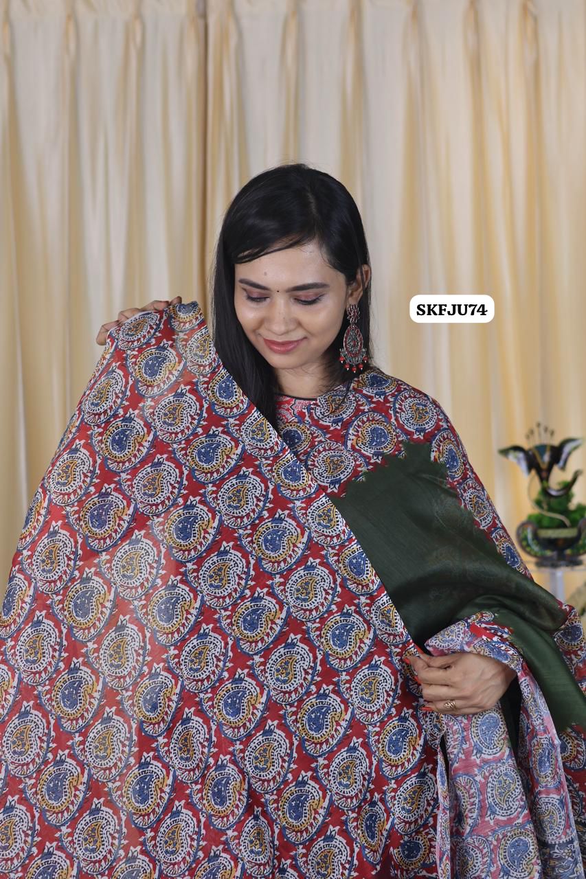 Soft Chanderi cotton With Digital Print & Running Kalamkari Blouse. 
Pallu Stiched With Fumka😍