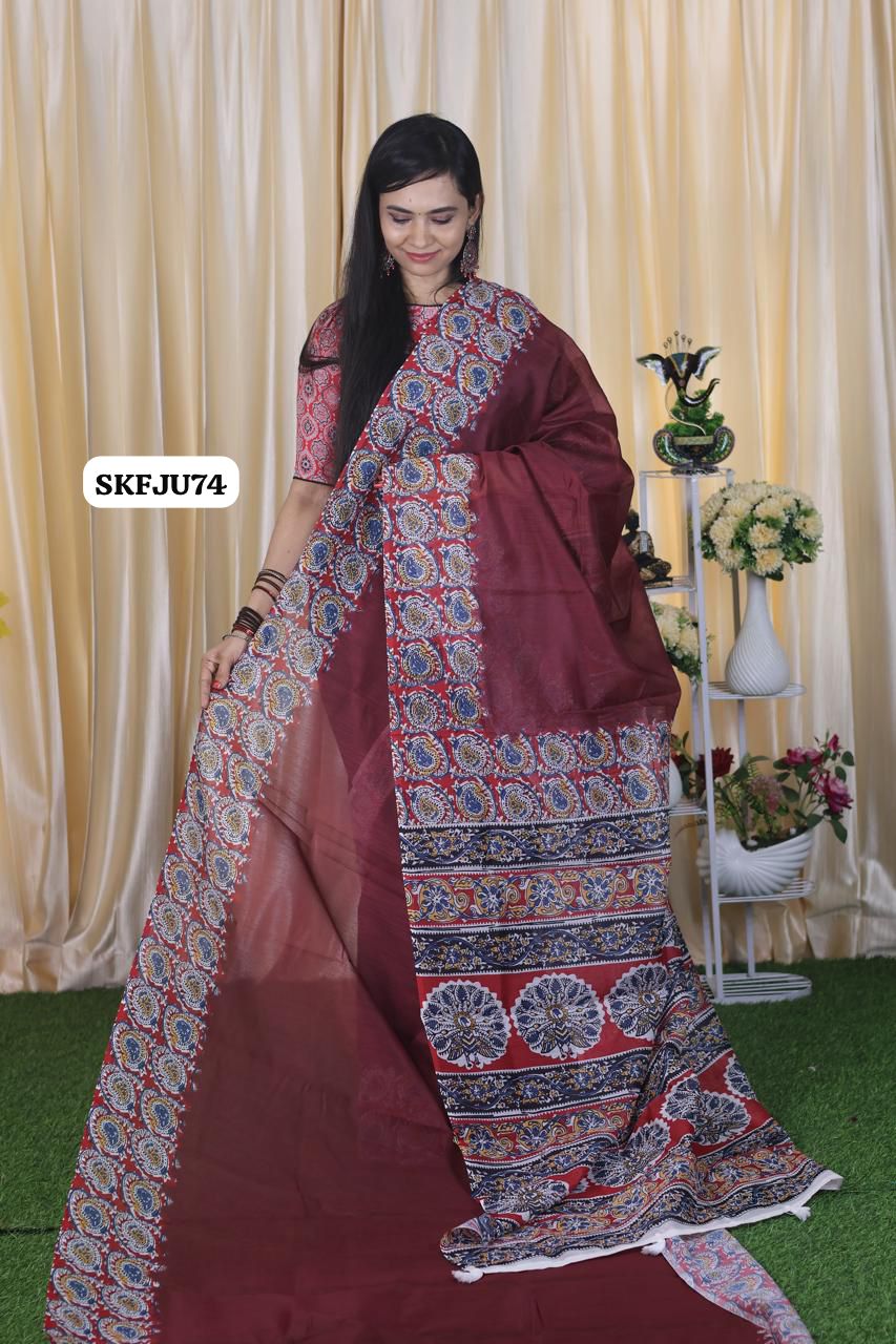 Aadi offer🌹Soft Chanderi cotton With Digital Print & Running Kalamkari Blouse. 
Pallu Stiched With Fumka😍