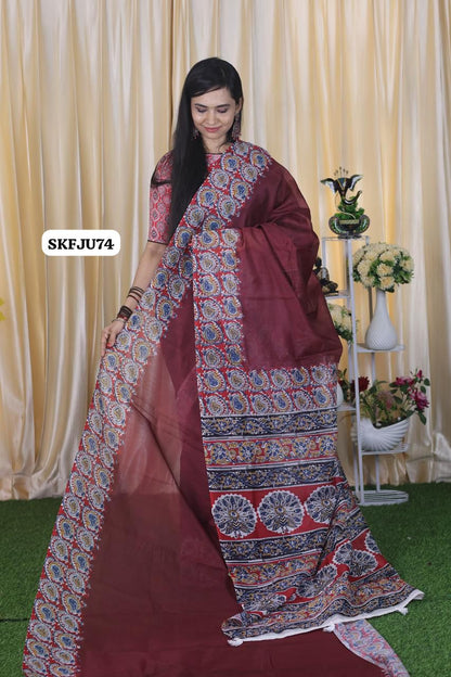 Aadi offer🌹Soft Chanderi cotton With Digital Print & Running Kalamkari Blouse. 
Pallu Stiched With Fumka😍