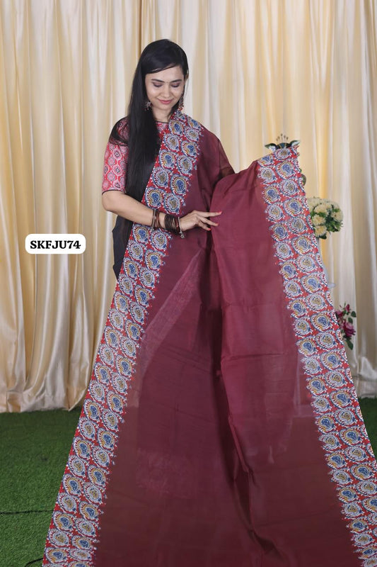 Aadi offer🌹Soft Chanderi cotton With Digital Print & Running Kalamkari Blouse. 
Pallu Stiched With Fumka😍