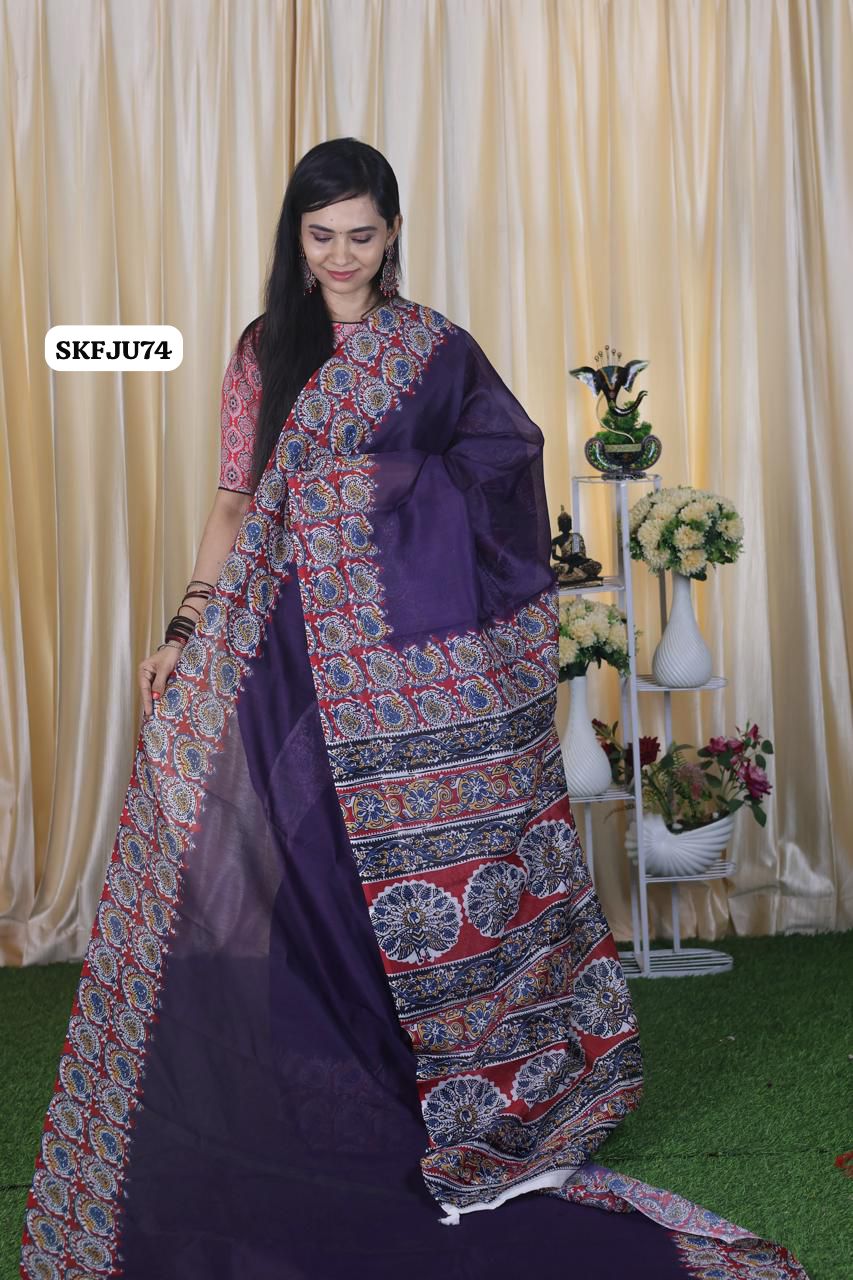 Soft Chanderi cotton With Digital Print & Running Kalamkari Blouse. 
Pallu Stiched With Fumka🥳