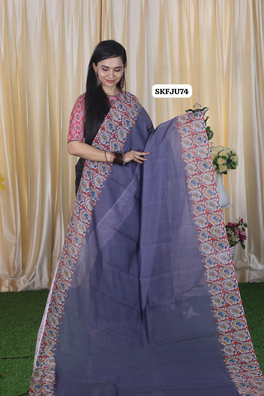 Soft Chanderi cotton With Digital Print & Running Kalamkari Blouse. 
Pallu Stiched With Fumka🥳