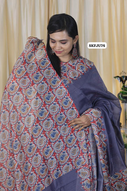 Soft Chanderi cotton With Digital Print & Running Kalamkari Blouse. 
Pallu Stiched With Fumka🥳