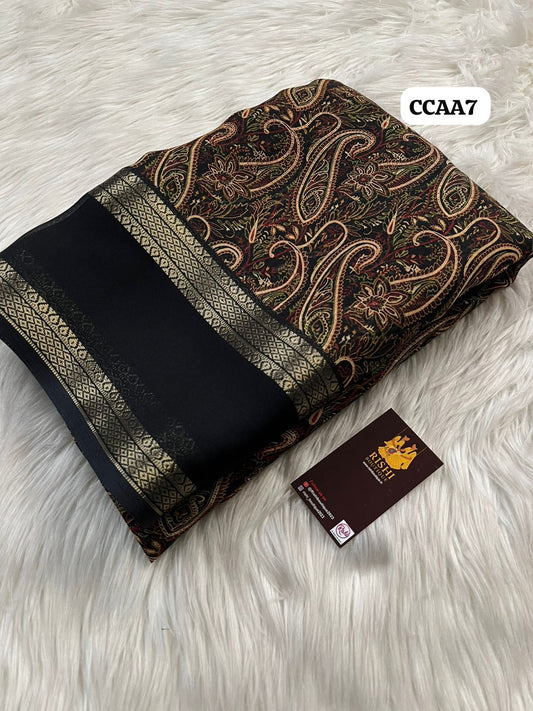 Moss Chiffon Floral Print Saree With Rettapetta Weaving border And printed Blouse🥳