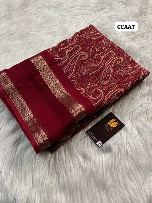 Moss Chiffon Floral Print saree with Rettapetta weaving border and printed Blouse 😍🥳