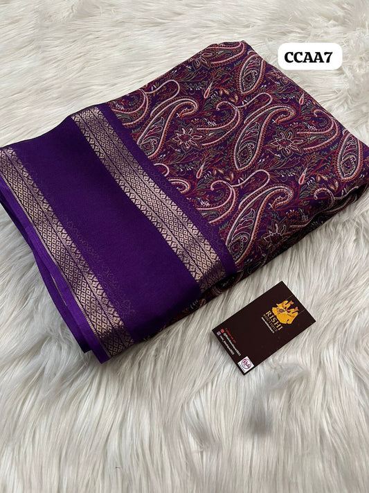 Moss Chiffon Floral Print Saree with Rettapetta weaving border and printed Blouse 🥳