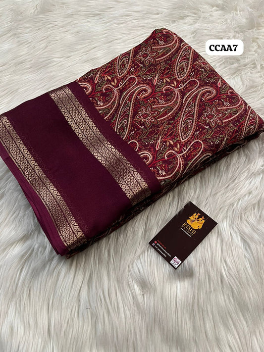 Moss Chiffon Floral Print saree with Rettapetta Weaving border and Printed blouse 🥳