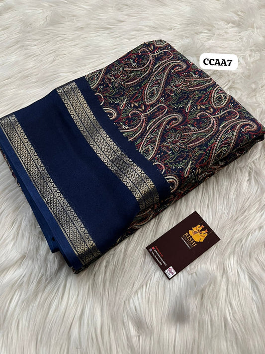 Moss Chiffon floral Print Saree With Rettapetta weaving border and printed Blouse🥳