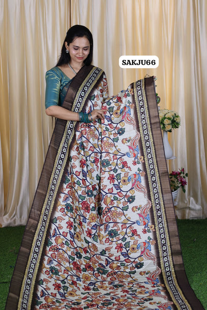 Rich Kalamakari print in tussar art silk beautiful brown color 🥳