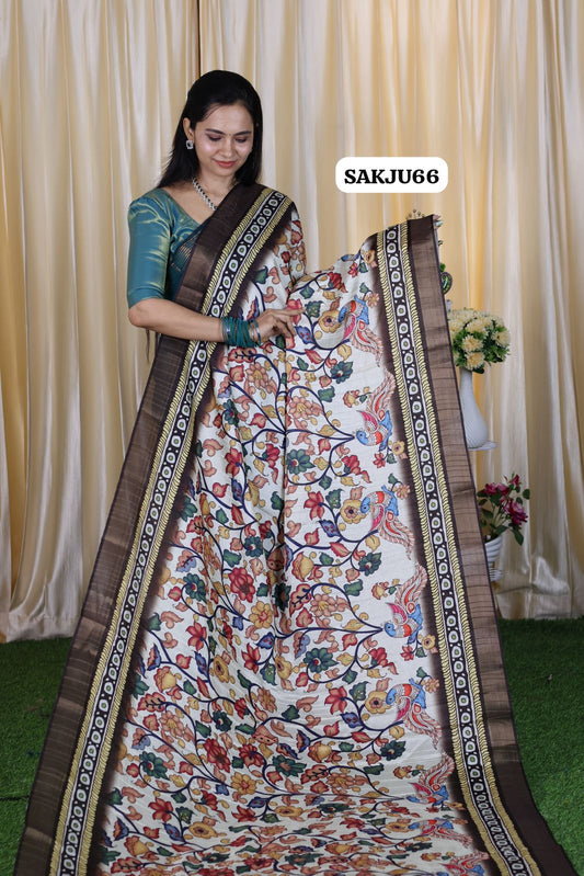 Rich Kalamakari print in tussar art silk beautiful brown color 🥳