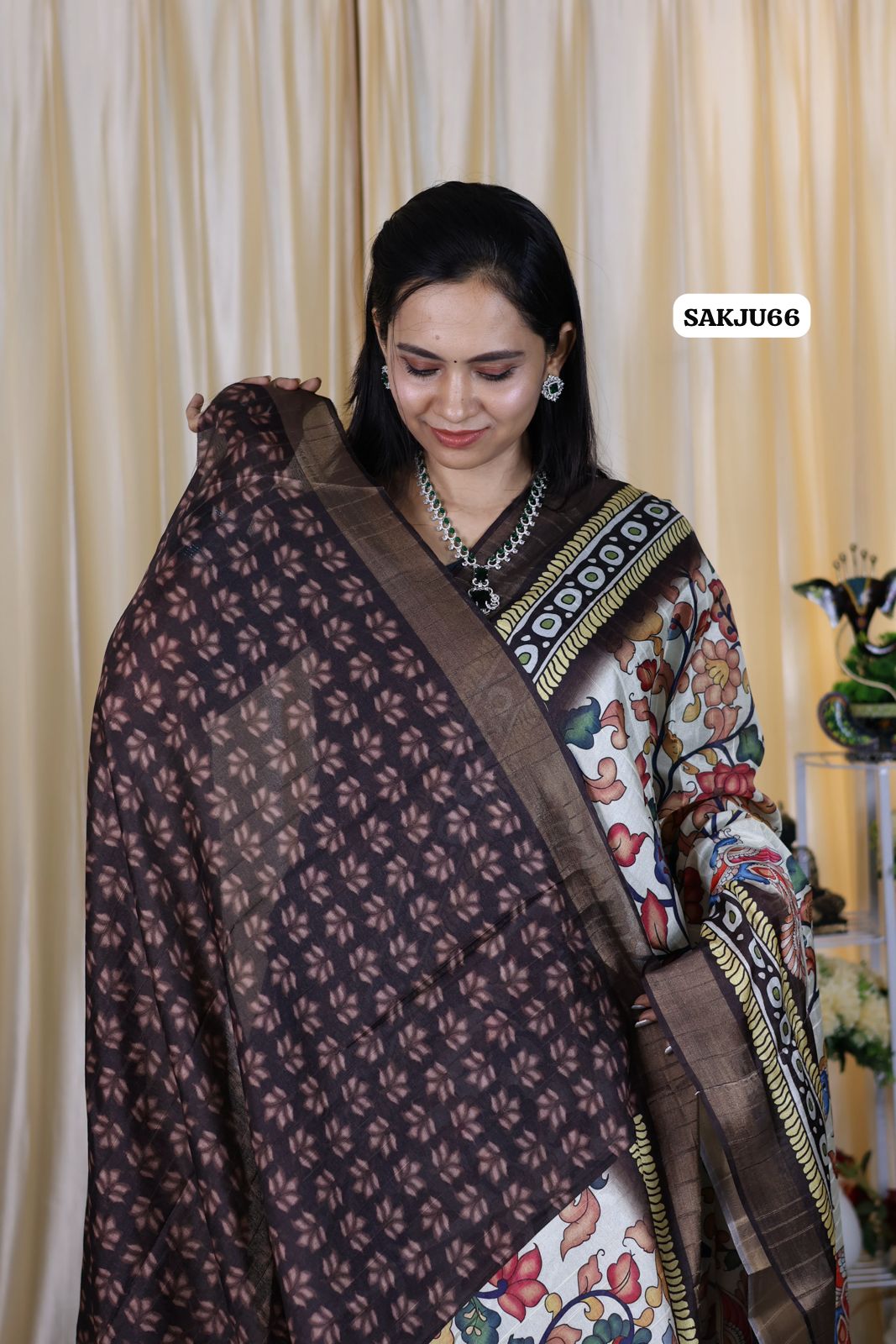 Rich Kalamakari print in tussar art silk beautiful brown color 🥳