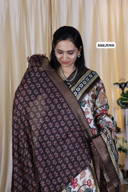 Rich Kalamakari print in tussar art silk beautiful brown color 🥳