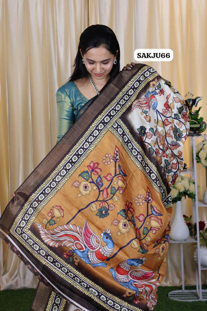Rich Kalamakari print in tussar art silk beautiful brown color 🥳