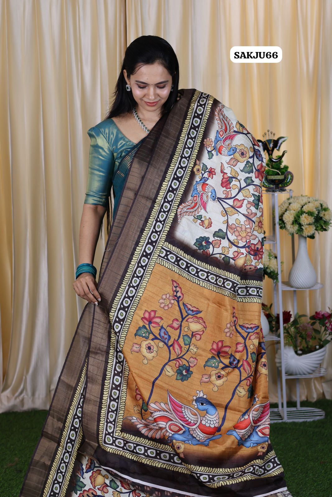 Rich Kalamakari print in tussar art silk beautiful brown color 🥳