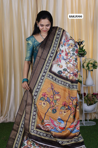 Rich Kalamakari print in tussar art silk beautiful brown color 🥳