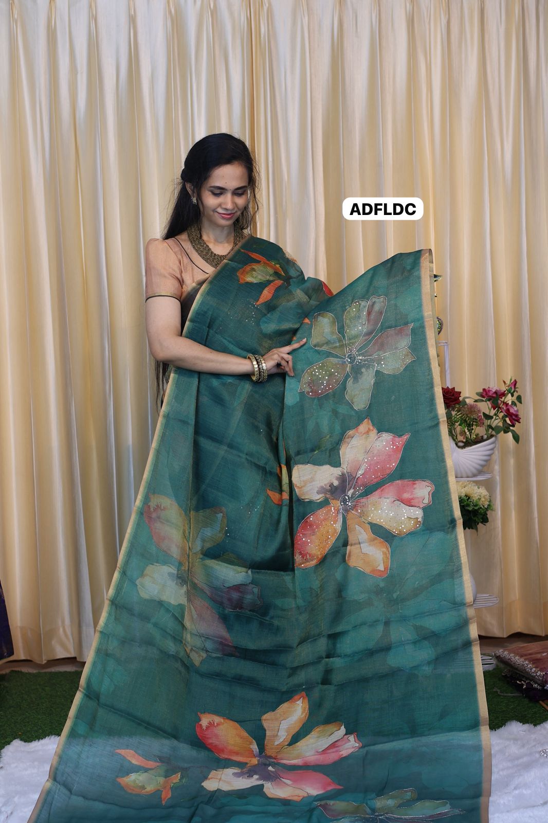 Linen chanderi saree with floral designs chumkey work and thread embroidery work  Colourful blouse🥳m