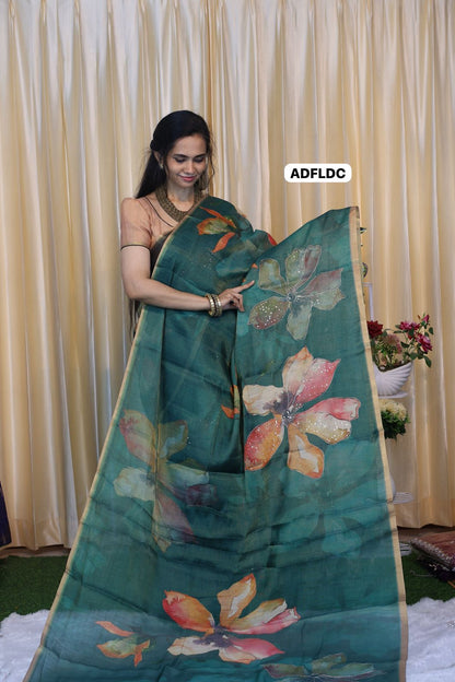 Linen chanderi saree with floral designs chumkey work and thread embroidery work  Colourful blouse🥳m