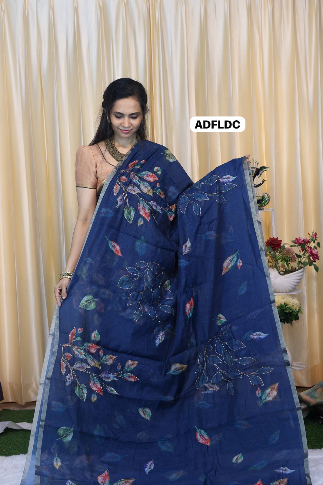 Linen chanderi saree with floral designs chumkey work and thread embroidery work  Colourful blouse🥳