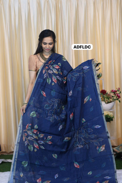 Linen chanderi saree with floral designs chumkey work and thread embroidery work  Colourful blouse🥳