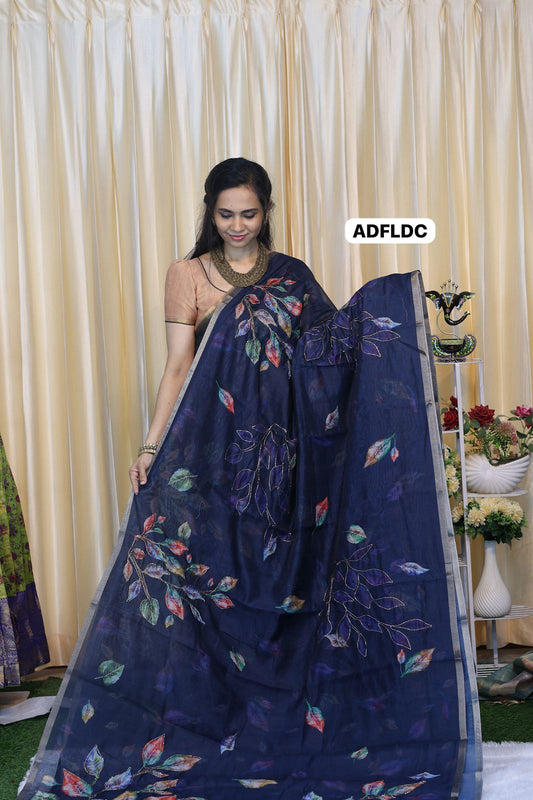 Linen chanderi saree with floral designs chumkey work and thread embroidery work  Colourful blouse prebook🥳