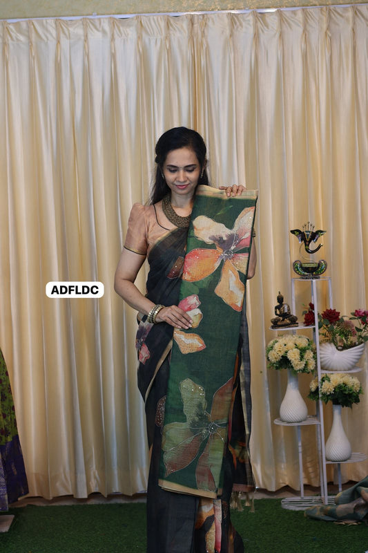 Linen chanderi saree with floral designs chumkey work and thread embroidery work  Colourful blouse😍🥳