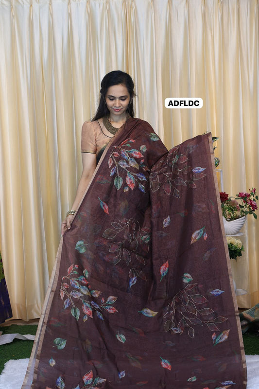 Linen chanderi saree with floral designs chumkey work and thread embroidery work  Colourful blouse🥳