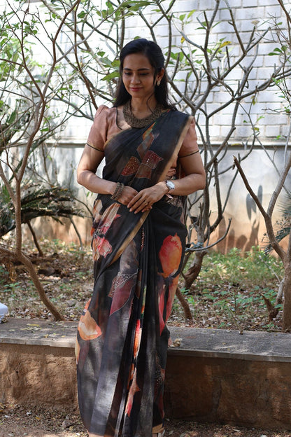 Linen chanderi saree with floral designs chumkey work and thread embroidery work  Colourful blouse🥳