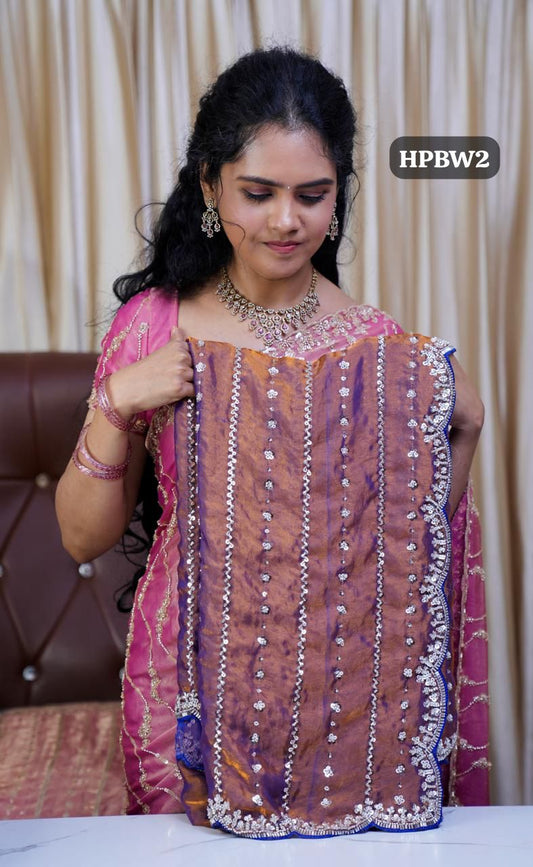 Heavy premium space silk saree with katdana beads work offer🌈🥰onion color