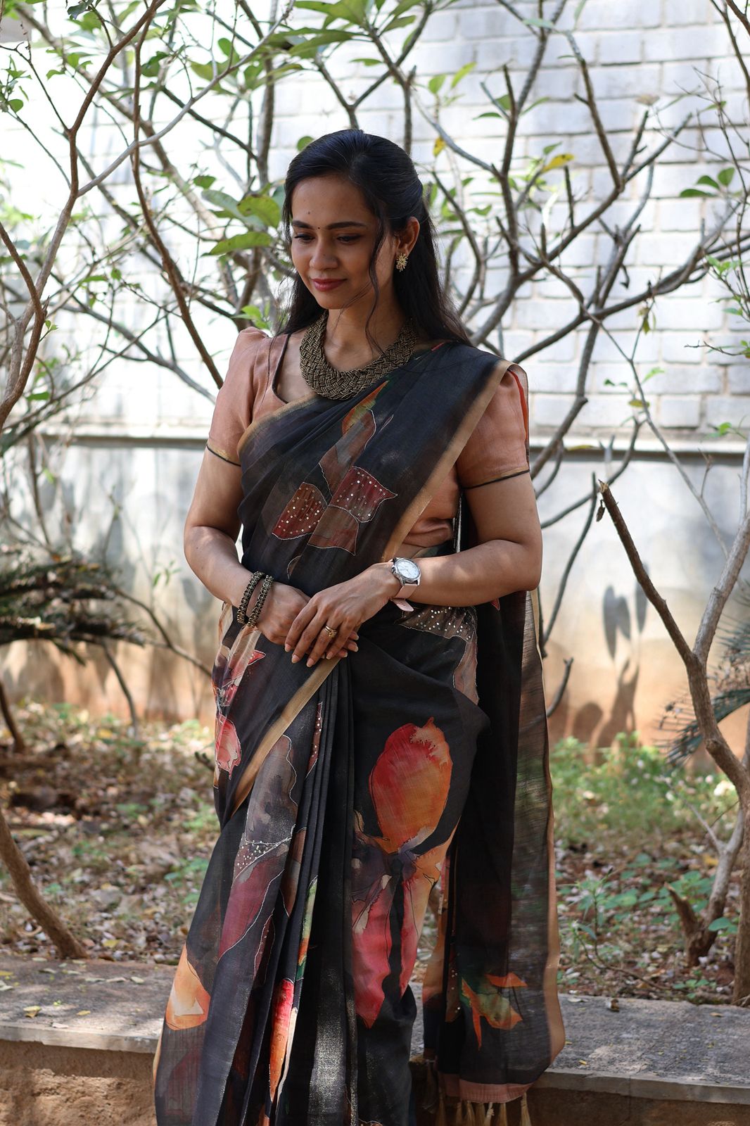 Linen chanderi saree with floral designs chumkey work and thread embroidery work  Colourful blouse🥳