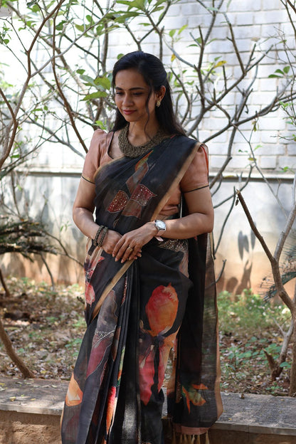 Linen chanderi saree with floral designs chumkey work and thread embroidery work  Colourful blouse🥳