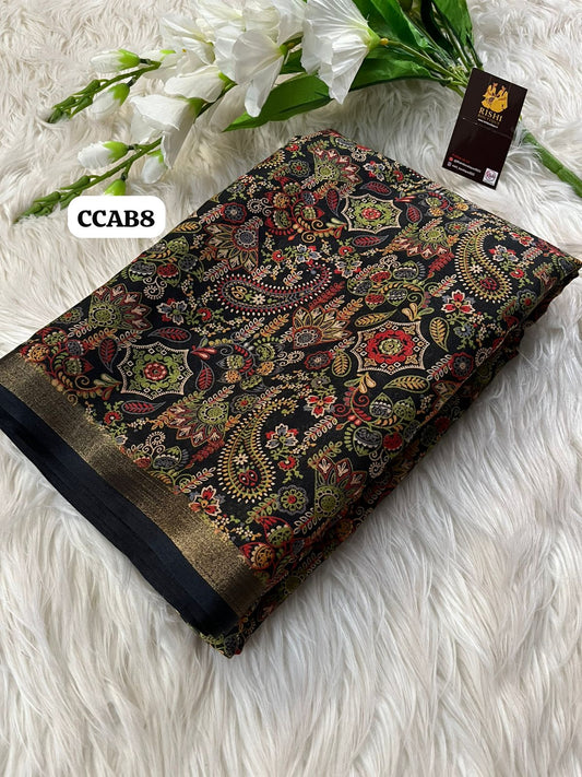 Soft mul cotton mango design ajrak print saree with zari weaving border 
Blouse - printed blouse🥳