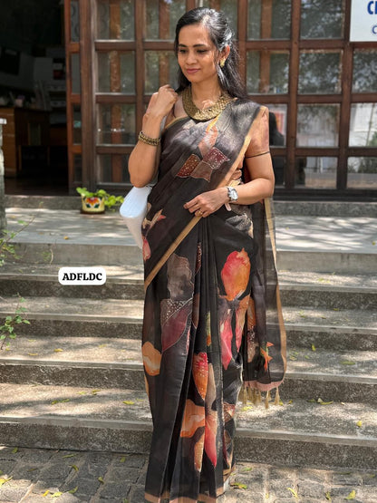 Linen chanderi saree with floral designs chumkey work and thread embroidery work  Colourful blouse🥳