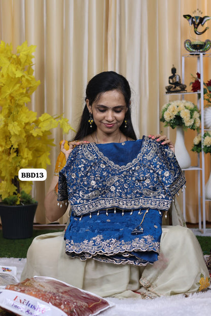 Saree+ stitched blouse Double shade premium space silk saree  Paired with Embrodairy Work Stich Blouse (32-42) alterable 🥳