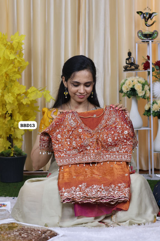 Saree+ stitched blouse Double shade premium space silk saree  Paired with Embrodairy Work Stich Blouse (32-42) alterable 🥳