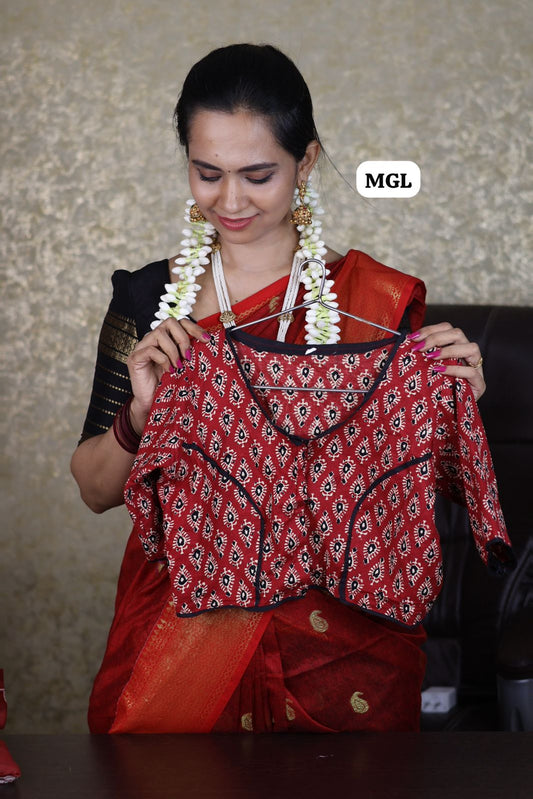 Ajrak print blouse with black piping 😍🥳