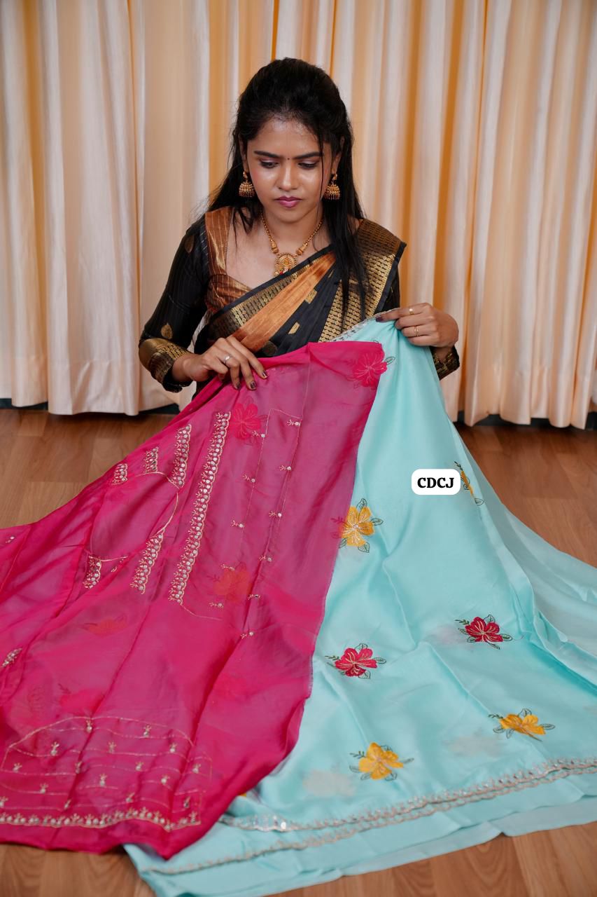 Designer saree with mirror work and embroidery work at unbelievable price🥰😎🥳