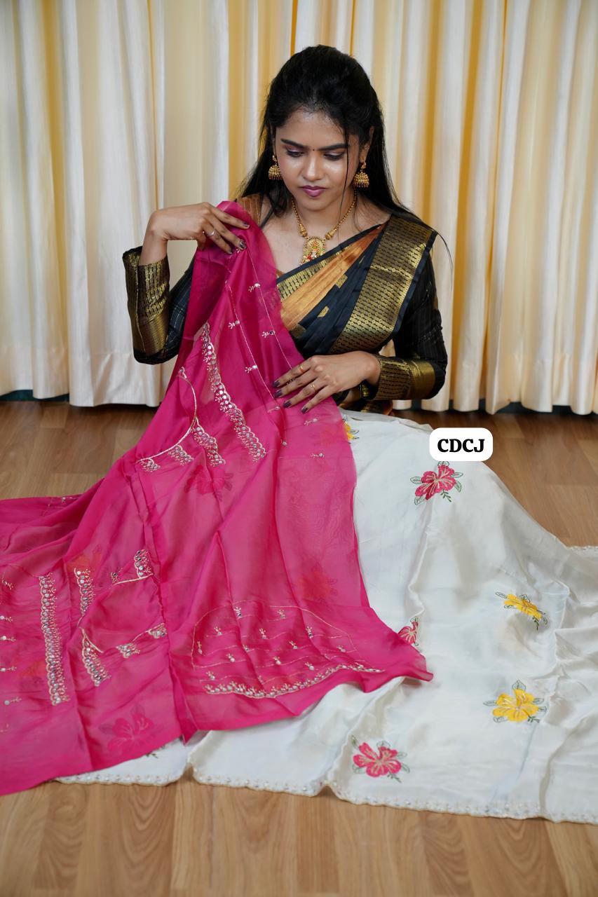 Designer saree with mirror work and embroidery work at unbelievable price🥰😎🥳