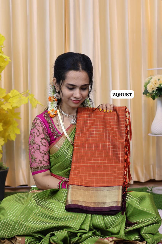 Katan Semi silk cotton saree with checks zari weaving 🥳