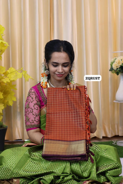 Katan Semi silk cotton saree with checks zari weaving🥳