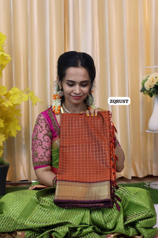 Katan Semi silk cotton saree with checks zari weaving🥳