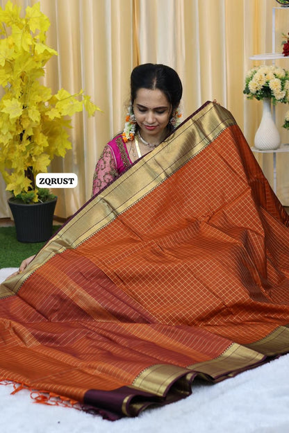 Katan Semi silk cotton saree with checks zari weaving🥳