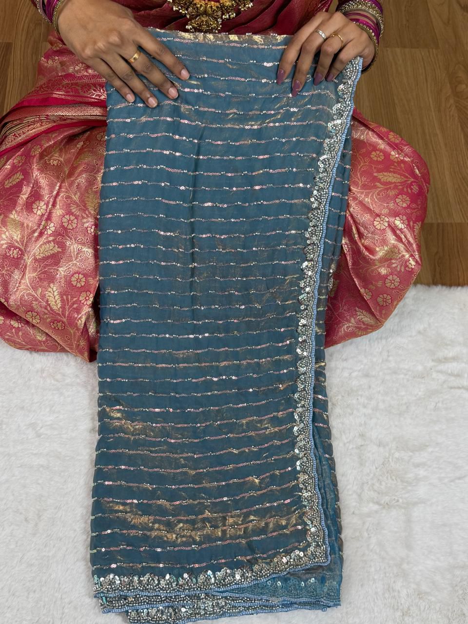 Premium Space silk saree with beeds 🎁🌈