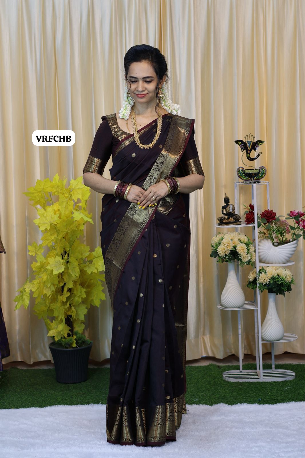 Semi soft silk saree with thousand buttas. Dark chocolate brown color🥳